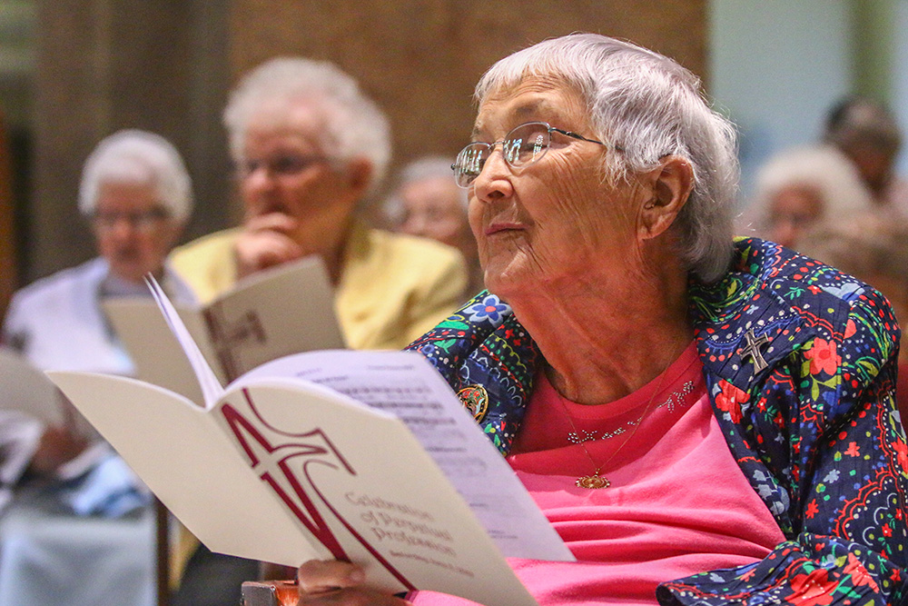 Mercy Sr. Theresa Kane in June 2019 during a liturgy when four Mercy sisters professed their perpetual vows. Kane, who fought for decades for the equality of women in the Catholic Church — famously publicly challenging the pope on the issue in 1979 — died Aug. 22 at age 87. (Courtesy of the Sisters of Mercy of the Americas)