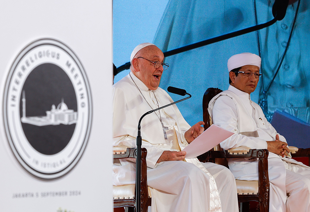 Pope Francis speaks to representatives of Muslim, Christian, Hindu, Buddhist and other religious communities during an interreligious meeting at the Istiqlal Mosque in Jakarta, Indonesia, on Sept. 5. (CNS/Lola Gomez)