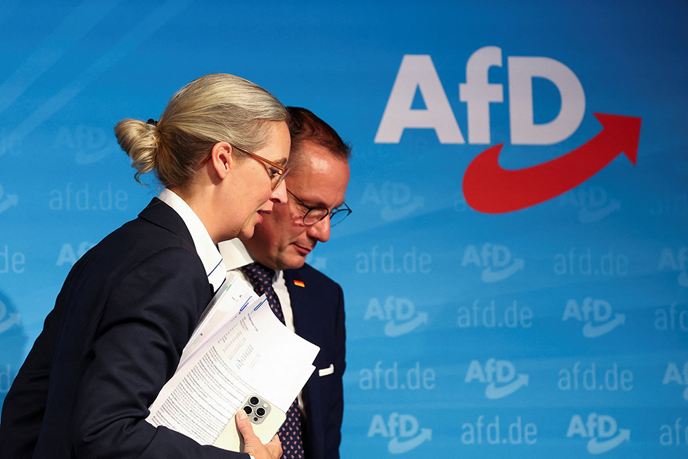 Co-leaders Alice Weidel and Tino Chrupalla of the Alternative for Germany party hold a press conference in Berlin Sept. 2, 2024, after state elections in the Saxony and Thuringia regions of eastern Germany. (OSV News/Reuters/Lisi Niesner)