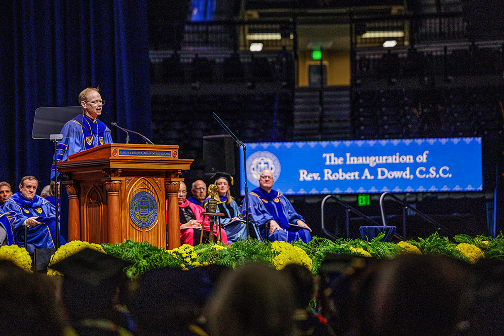 Holy Cross Fr. Robert Dowd speaks at his inauguration as the 18th president of the University of Notre Dame in Notre Dame, Indiana, Sept. 13. (OSV News/University of Notre Dame/Peter Ringenberg)