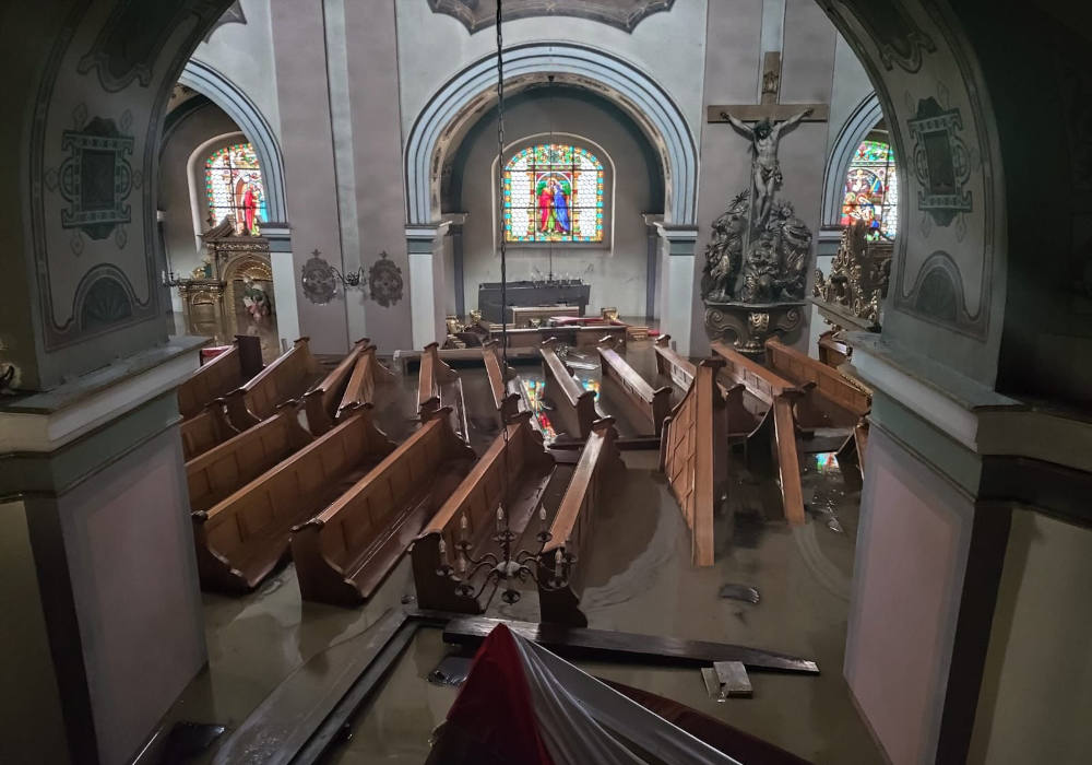 A historic Franciscan Baroque monastery is seen flooded Sept. 15, 2024, in Klodzko, Poland, as southwestern Poland suffered disastrous floods after torrential rains caused by Storm Boris. On the outside, the walls of the property were damaged, and inside, water flooded pews, altar, causing damage estimated at $3.5 million. (OSV News photo/courtesy Franciscans in Klodzko)