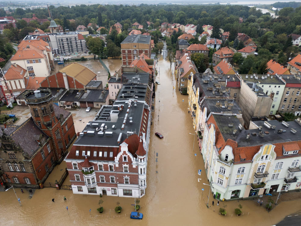 A general view taken by drone shows a flooded area by Nysa Klodzka River in Nysa, Poland Sept. 16, 2024. (OSV News photo/Kacper Pempel, Reuters)