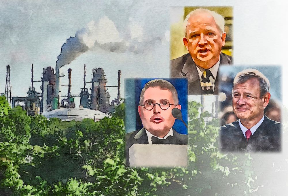 Graphic shows Leonard Leo, John Eastman and John Roberts against background of power plant and smog.