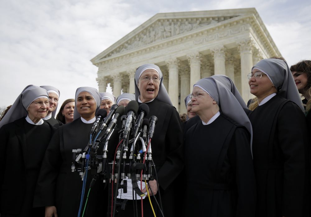 Sr. Loraine Marie Maguire, of the Little Sisters of the Poor, speaks to the media outside the U.S. Supreme Court. 