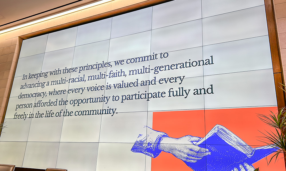 The core pledge to which all signers of the public letter were asked to commit themselves is displayed at the two-day conference in Washington, D.C., called "Test of Faith: A Summit to Defend Democracy," hosted by the Center on Faith and Justice at Georgetown University. (David DeCosse)