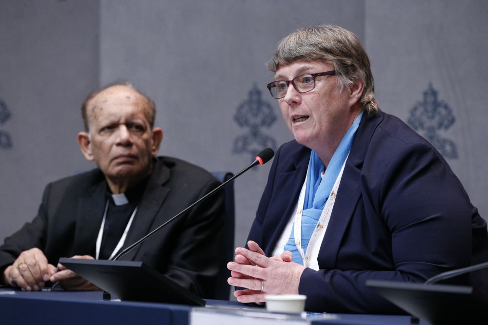 Sr. Mary Teresa Barron speaks during a news conference on the Synod of Bishops on synodality at the Vatican Oct. 7.