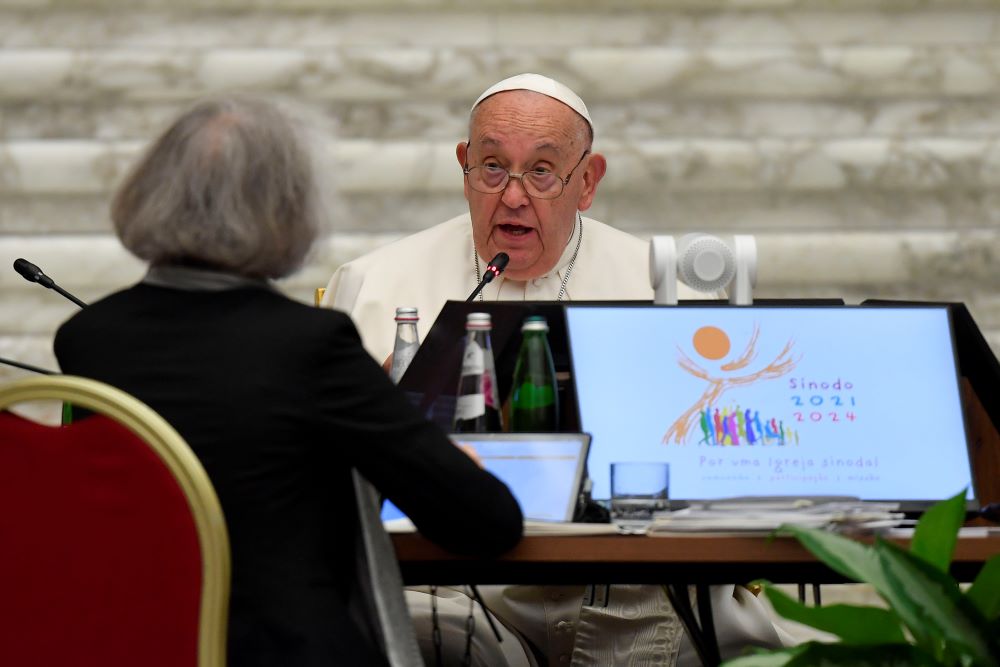 Pope Francis speaks to members of the Synod of Bishops on synodality after they approved their final document Oct. 26 in the Paul VI Audience Hall at the Vatican. (CNS/Vatican Media)