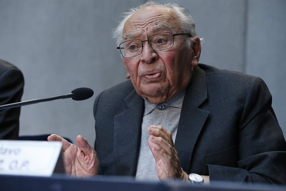 Dominican Fr. Gustavo Gutiérrez speaks at a press conference to introduce the work of the general assembly of Caritas Internationalis at the Vatican May 12, 2015. (CNS/Paul Haring)