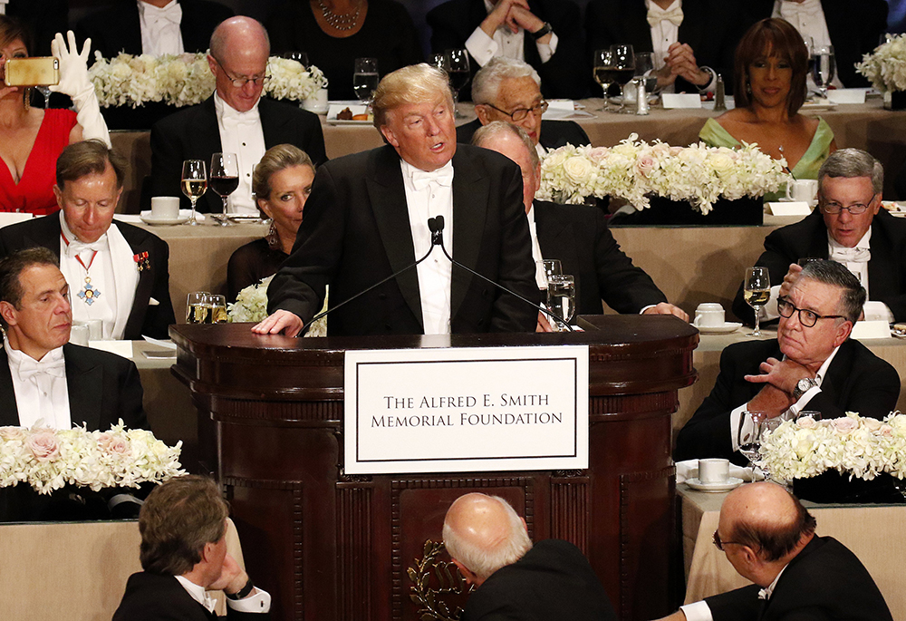 Then-Republican presidential nominee Donald Trump speaks during the 71st annual Alfred E. Smith Memorial Foundation Dinner Oct. 20, 2016, in New York City. (OSV News/Gregory A. Shemitz)