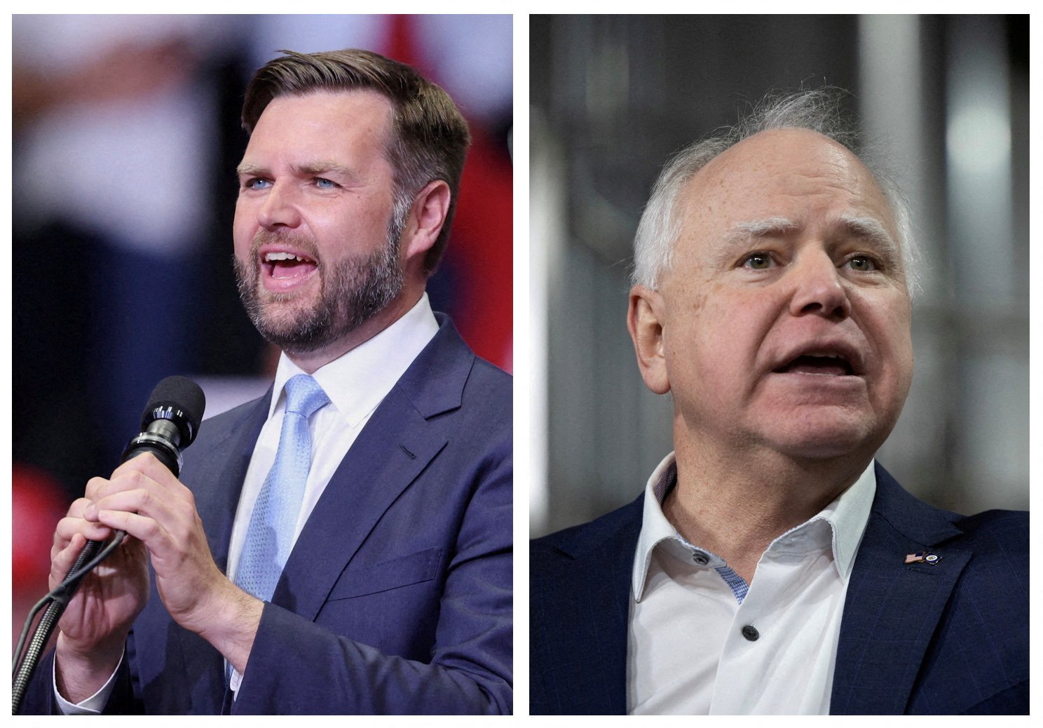 A combination photo shows Republican vice presidential nominee U.S. Sen. JD Vance of Ohio speaking during a rally in Grand Rapids, Michigan, July 20, 2024, and Minnesota Gov. Tim Walz, the Democratic vice presidential nominee, speaking inside the Earth Rider Brewery in Superior, Wisconsin, Jan. 25, 2024. (OSV News/Reuters/Tom Brenner)