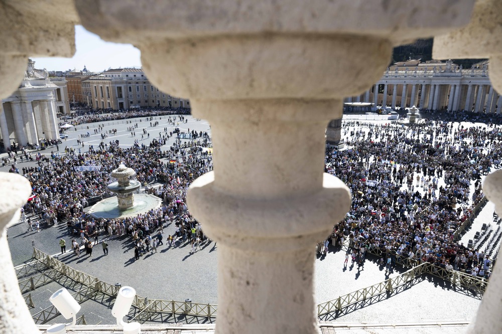 Aerial view of large crowd in St. Peter's Square.