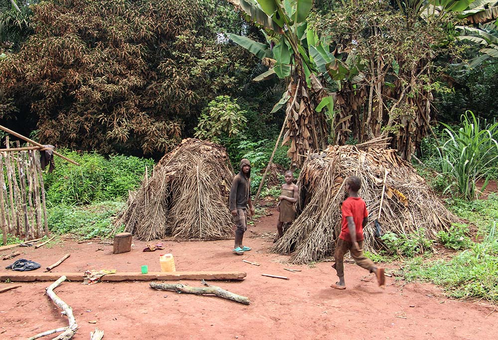 Baka young people are seen in a courtyard in front of traditional Baka huts known as mungulu in Elango village in Cameroon's East Region. (Angel Ngwe)