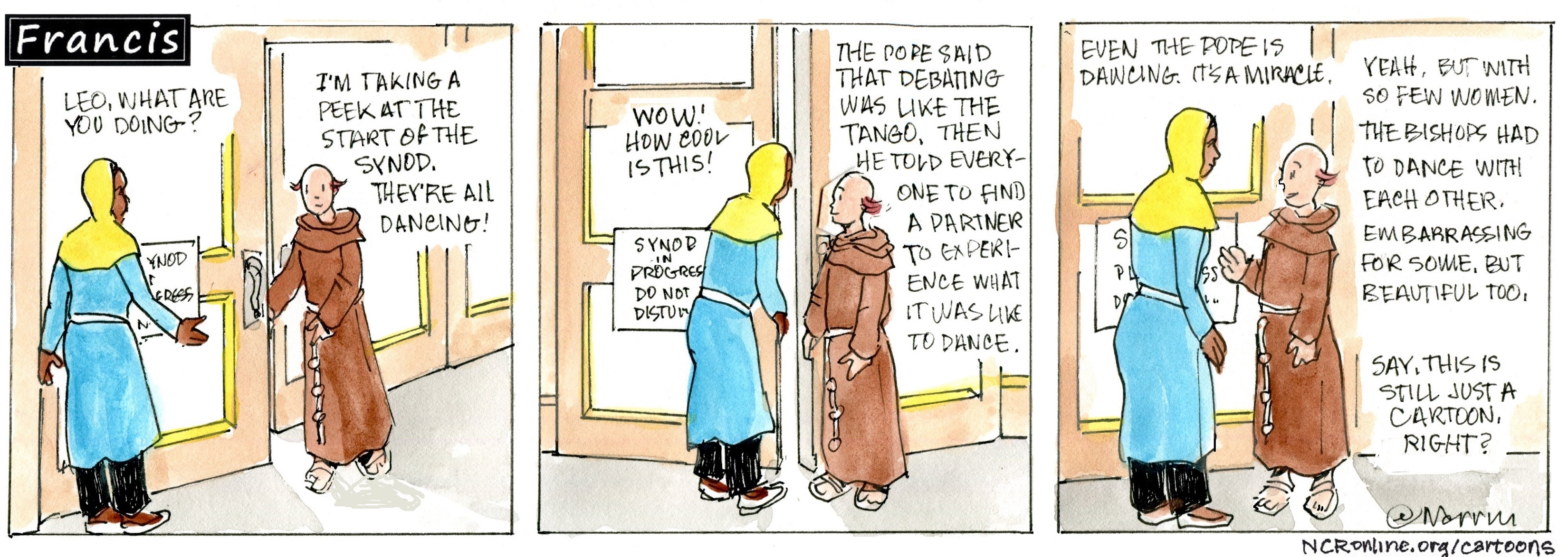 Francis, the comic strip: Brother Leo and Gabby take a peek inside the synod hall.