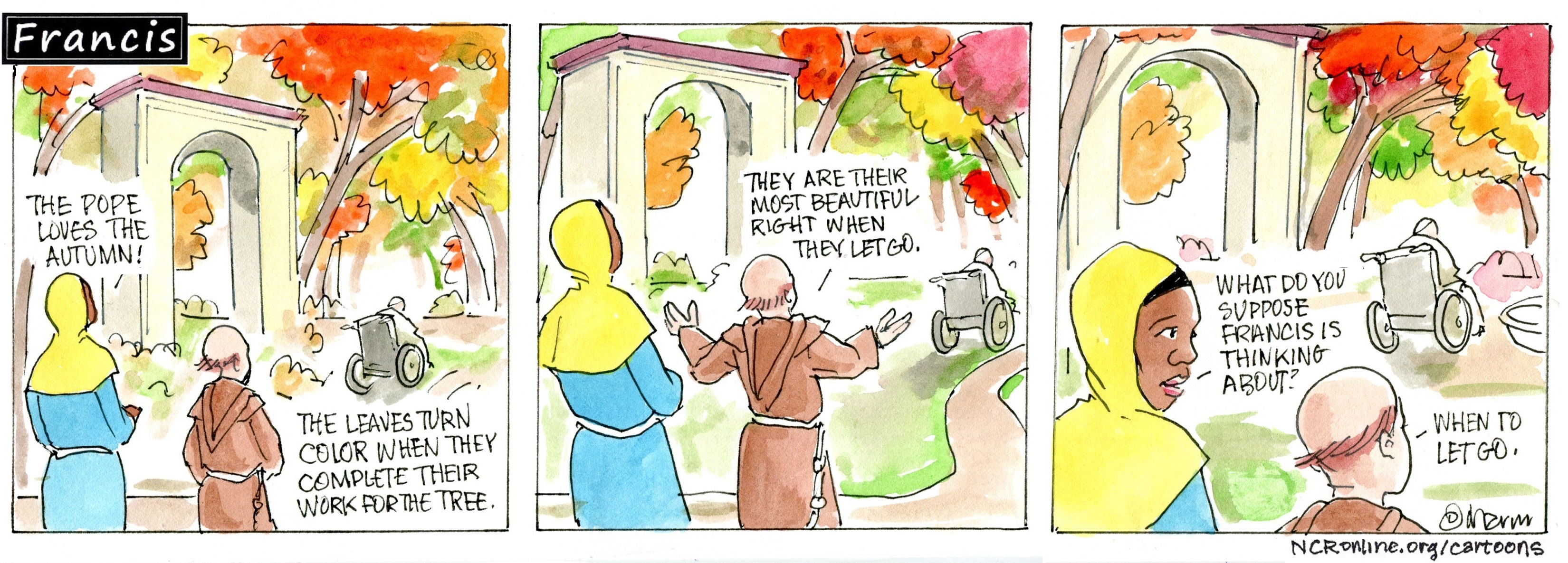 Francis, the comic strip: When are trees most beautiful? Brother Leo says it's when the leaves let go.