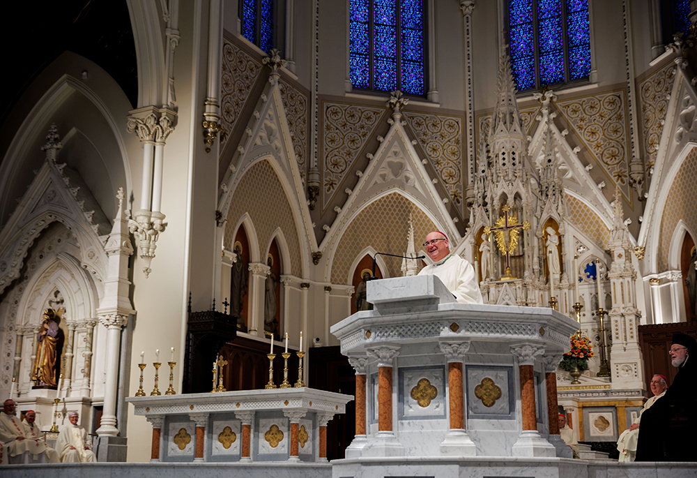 Archbishop Richard Henning delivers remarks before the final blessing of his installation Mass as archbishop of Boston at the Cathedral of the Holy Cross in Boston Oct. 31, 2024. (OSV News/The Pilot/Gregory L. Tracy)