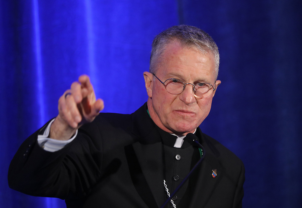 Archbishop Timothy Broglio, president of the U.S. Conference of Catholic Bishops, speaks during a news conference at a Nov. 14, 2023, session of the bishops' fall general assembly in Baltimore. (OSV News/Bob Roller)