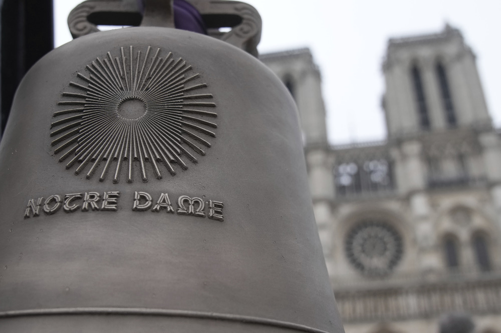 Bell in foreground, front of Cathedral backgrounded.