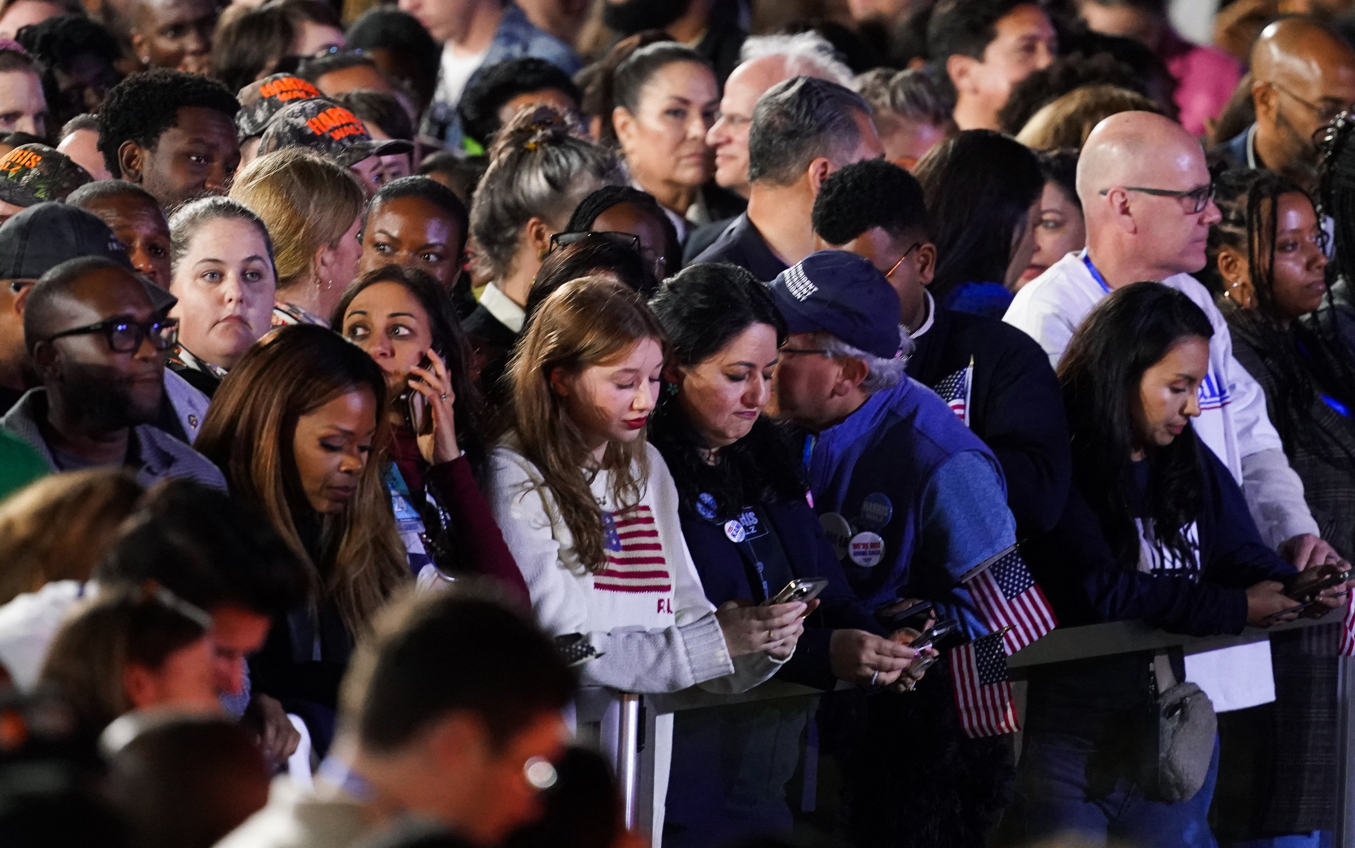 Supporters of Democratic presidential nominee U.S. Vice President Kamala Harris react to early election results during an Election Night rally at Howard University in Washington on Nov. 5. Harris' Republican rival, former President Donald Trump, was elected the 47th president of the United States. (OSV News/Reuters/Kevin Lamarque)