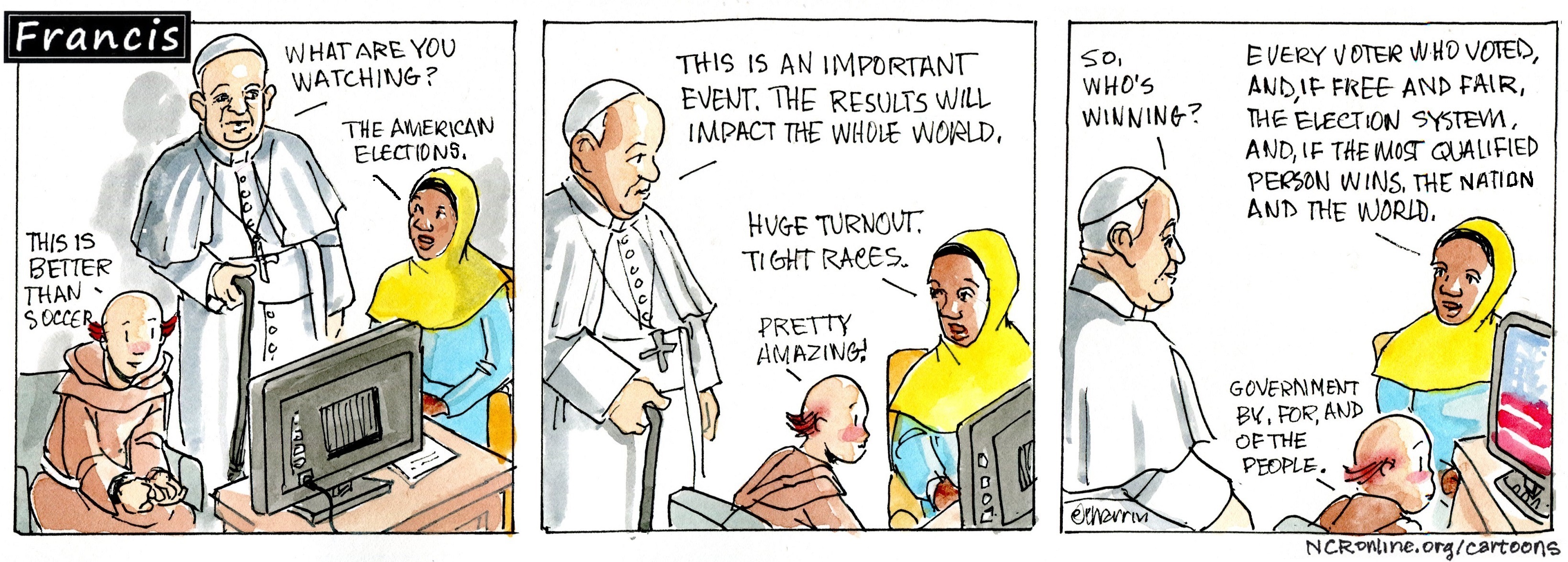 Francis, the comic strip: Brother Leo, Gabby and Francis discuss the importance of a free and fair election. 