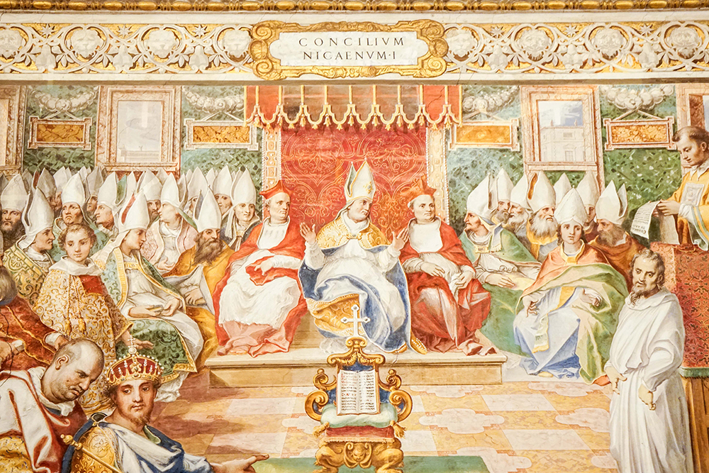 A wall fresco depicting the First Council of Nicaea can be seen in this photo taken in the Sistine hall of the Vatican Library July 19, 2023. The council was held in 325 and its 1700th anniversary will coincide with the Holy Year 2025. (CNS/Carol Glatz)