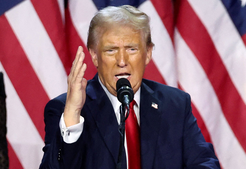 Republican President-elect Donald Trump addresses supporters during his rally at the Palm Beach County Convention Center Nov. 6 in West Palm Beach, Florida, after being elected the 47th president of the United States. (OSV News/Reuters/Brendan Mcdermid)