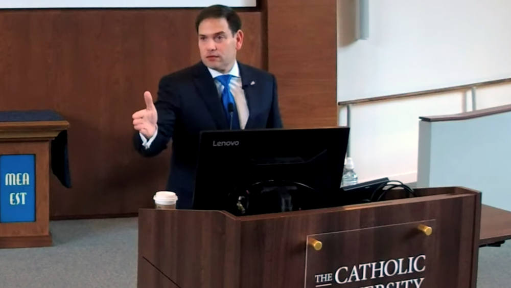 Sen. Marco Rubio speaks at Catholic University of America on Nov. 5, 2019, in Washington. (RNS/Video screengrab via CUA)