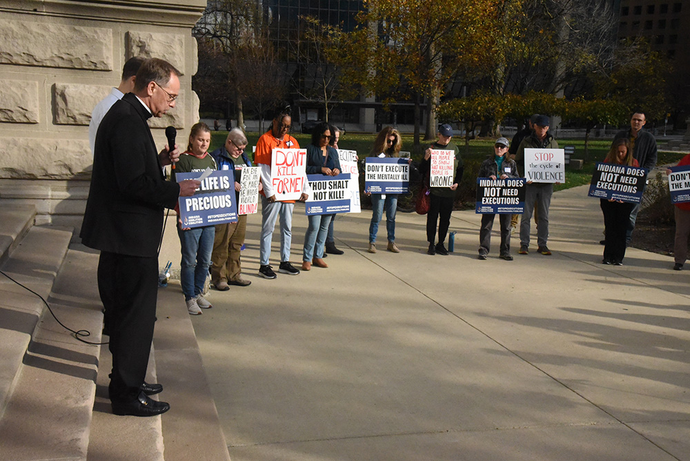 Indianapolis Archbishop Charles Thompson offers an opening prayer at a rally Nov. 17, 2024, on the grounds of the Indiana Statehouse in Indianapolis to call on Indiana Gov. Eric Holcomb to halt the execution of Joseph Corcoran scheduled for Dec. 18. The state put 49-year-old Corcoran to death by lethal injection early Dec. 18, carrying out its first execution in 15 years. (OSV News/The Criterion/Sean Gallagher)