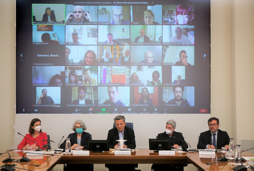 Cardinal Mario Grech, center, secretary-general of the Synod of Bishops, and other Vatican officials lead an online listening session with 30 people who have disabilities May 19. The meeting was part of the process in preparation for the Synod of Bishops.