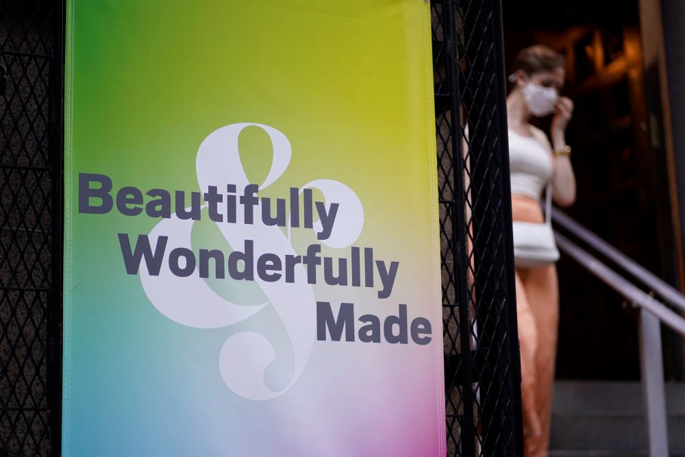 A banner hangs outside St. Francis of Assisi Church in New York City following an annual "Pre-Pride Festive Mass" June 26, 2021. The liturgy, hosted by the parish's LGBT Ministry, is traditionally celebrated on the eve of the city's Pride march.