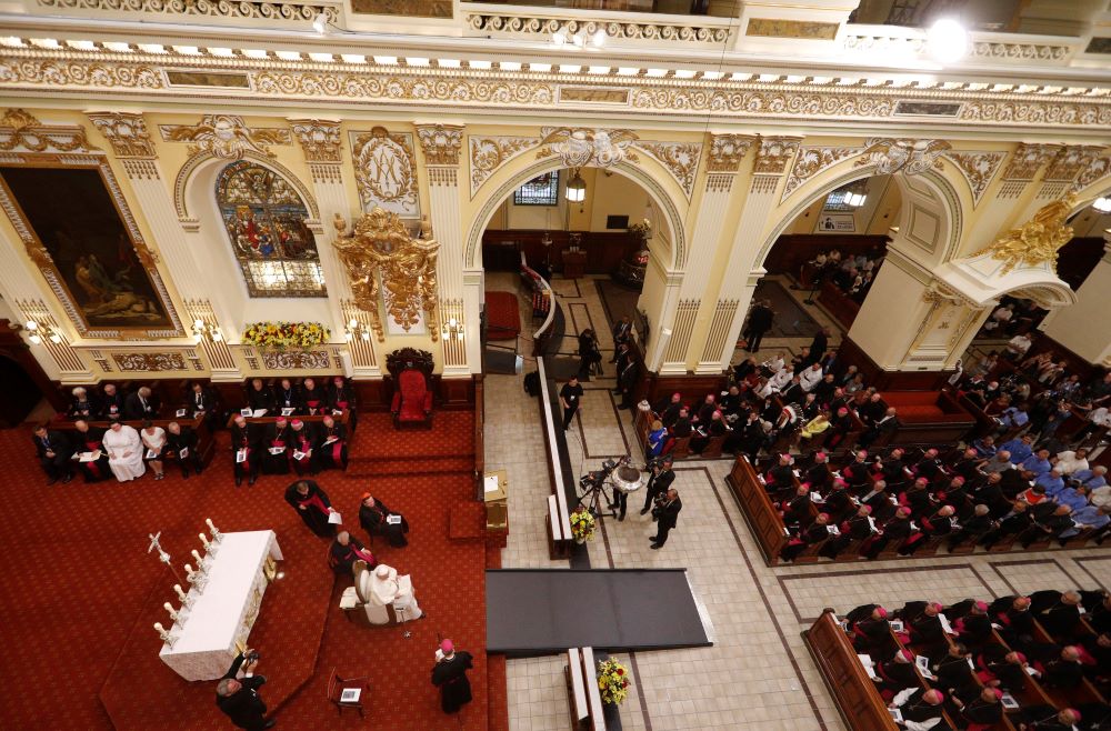 Pope Francis leads vespers with bishops, priests, deacons, consecrated persons, seminarians and pastoral workers in the Cathedral of Notre Dame in Quebec July 28. "How are we doing when it comes to joy?" the pope asked during vespers. 