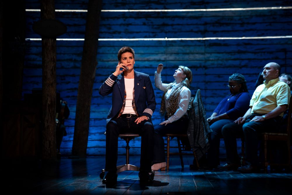 Jenn Colella, who was nominated for a Tony award for her role in Broadway's "Come From Away," plays Captain Beverly Bass in the Apple TV+ live film recording of the stage production. Also pictured are Emily Walton, Q. Smith and Joel Hatch, all of whom pla