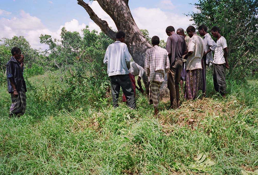 Anweer men pray at a horrop tree in the Boni region of Kenya. (Mark Faulkner)