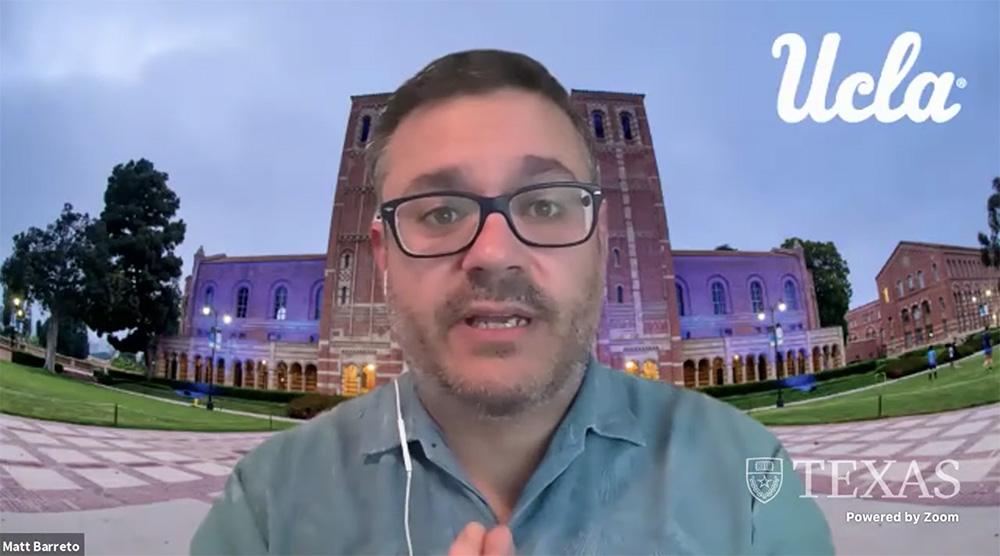 Matt Barreto speaks during the webinar "Unpacking the Latino Landscape: A Post-Mortem," hosted by the University of Texas' LBJ School of Public Affairs Jan. 27. (NCR screenshot/YouTube/The LBJ School)