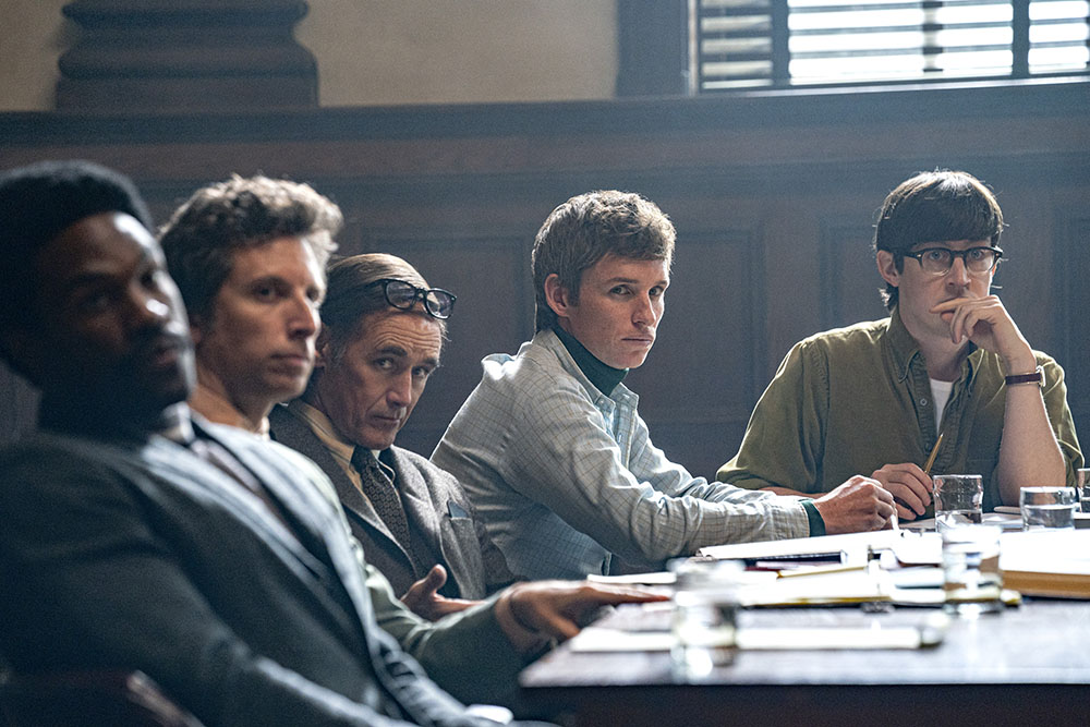 From left to right: Yahya Abdul-Mateen II as Bobby Seale, Ben Shenkman as Leonard Weinglass, Mark Rylance as William Kuntsler, Eddie Redmayne as Tom Hayden, and Alex Sharp as Rennie Davis in "The Trial of the Chicago 7." (Netflix/Nico Tavernise)