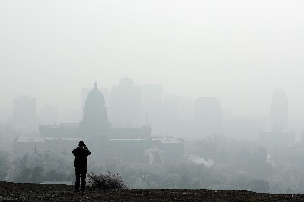 Utah State Capitol and buildings shrouded in smog in downtown Salt Lake City Dec. 12, 2017. (CNS/Reuters/George Frey)