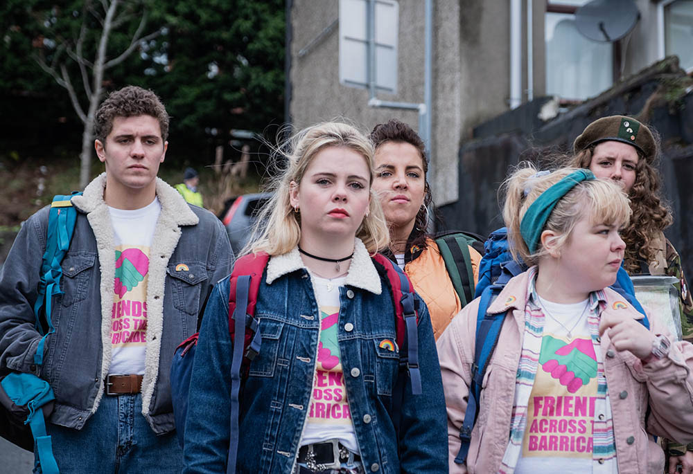 From left: Dylan Llewellyn as James, Saoirse-Monica Jackson as Erin, Jamie-Lee O'Donnell as Michelle, Nicola Coughlan as Clare, and Louisa Harland as Orla in "Derry Girls" (Courtesy of Netflix)