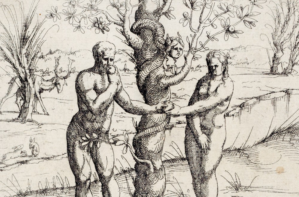 "Adam and Eve Eating the Forbidden Fruit, from Old and New Testaments" (1548, detail) by Augustin Hirschvogel (The Metropolitan Museum of Art)