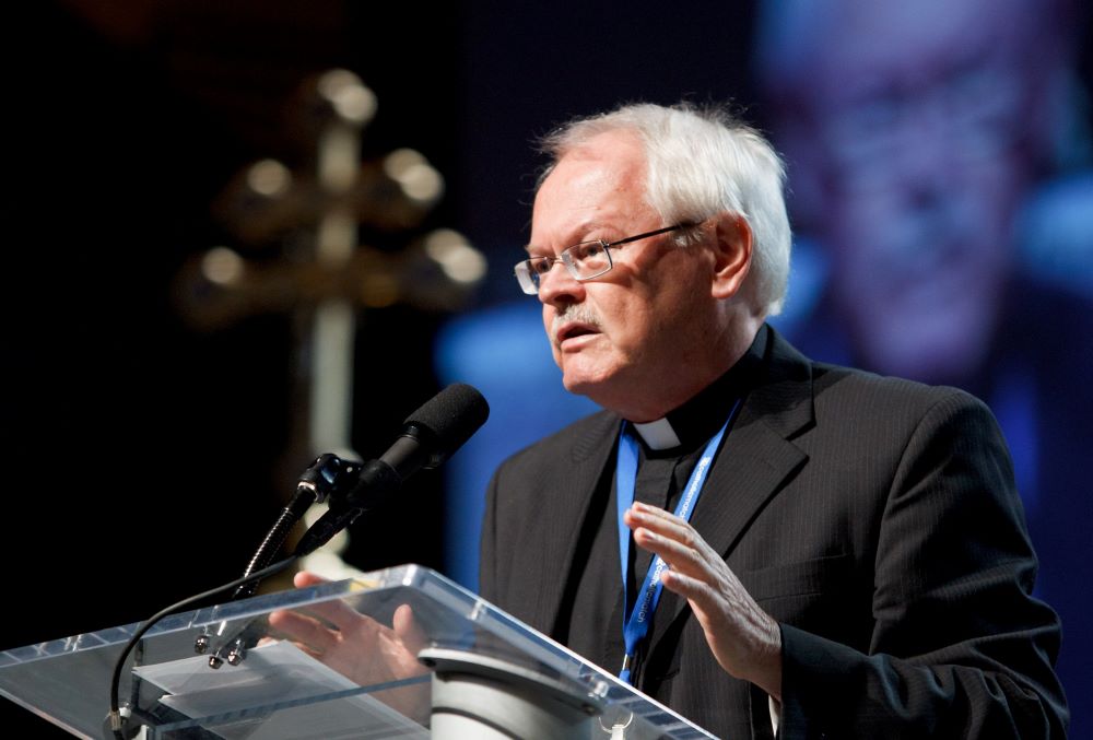 Oblate Fr. Ronald Rolheiser delivers the keynote address during the opening of the National Catholic Educational Association's annual convention in Boston April 11, 2012. (CNS/The Pilot/Gregory L. Tracy)