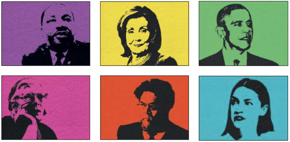 Top row, left to right: Rev. Martin Luther King Jr., House Speaker Nancy Pelosi, former President Barack Obama; Bottom row: Dorothy Day, Cornell West, U.S. Rep. Alexandra Ocasio-Cortez (NCR digitally manipulated images/Wikimedia Commons, CNS)