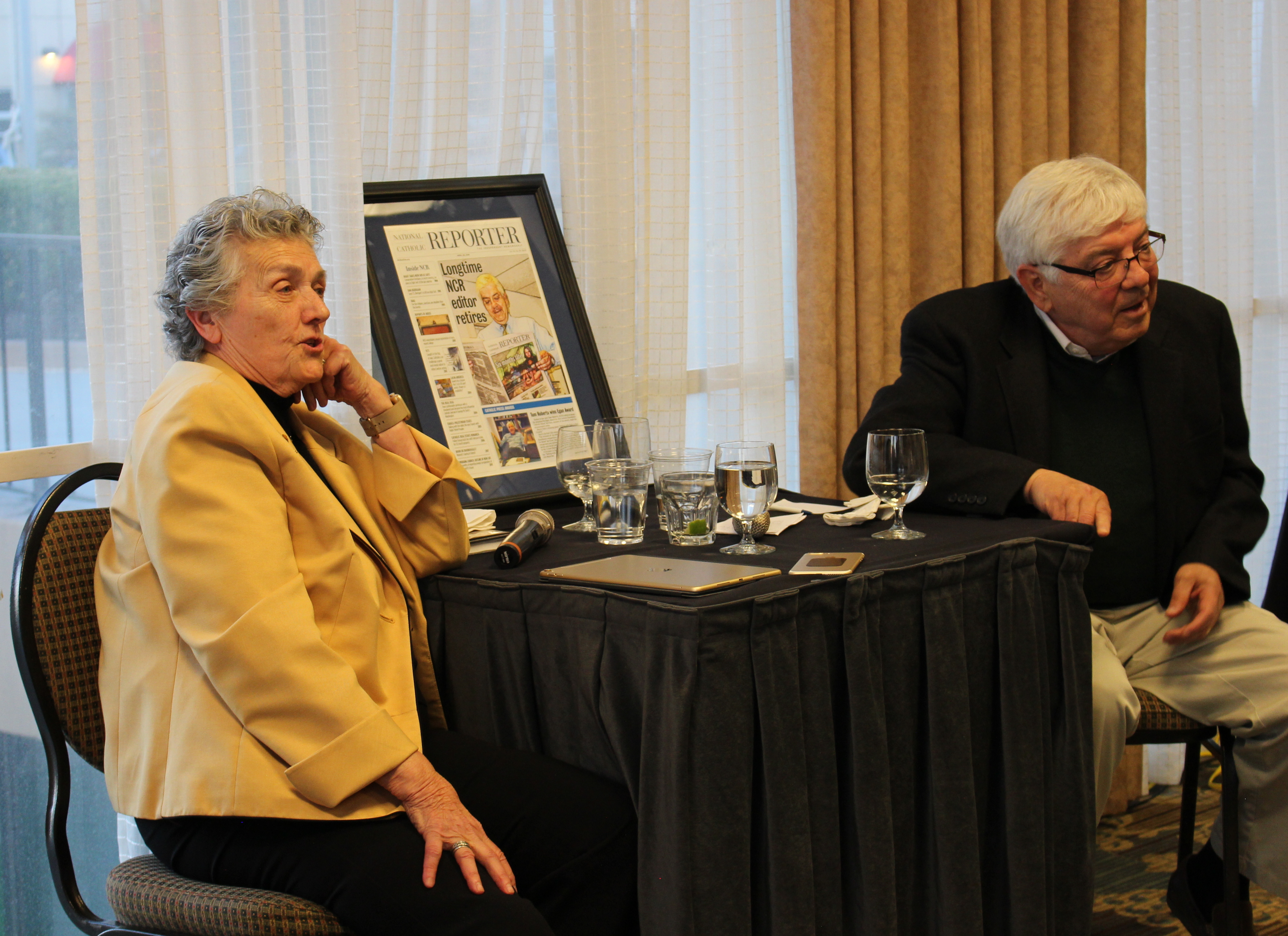 Joan Chittister and Tom Roberts in conversation in Kansas City on April 26, 2018. (NCR/Toni-Ann Ortiz)