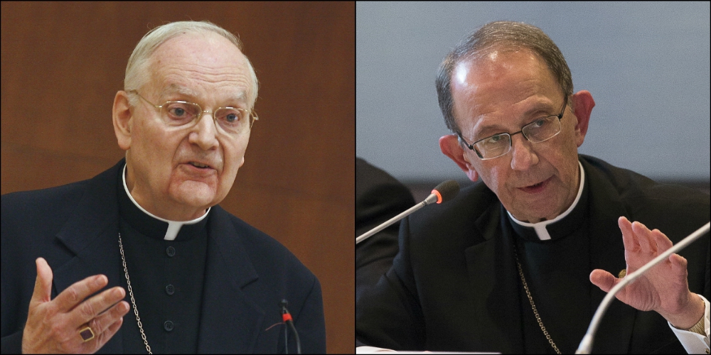 From left: Bishop Donald Trautman, retired bishop of Erie, Pennsylvania, and Bishop Lawrence Persico, Erie's current bishop (CNS photos/Nancy Wiechec, Tyler Orsburn)