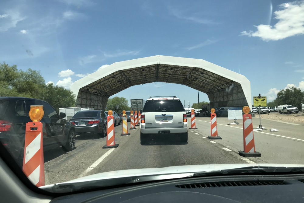 Approaching the U.S. Border Patrol checkpoint where cars are stopped on the way to Tucson, Arizona, from Mexico (Tracey Horan)