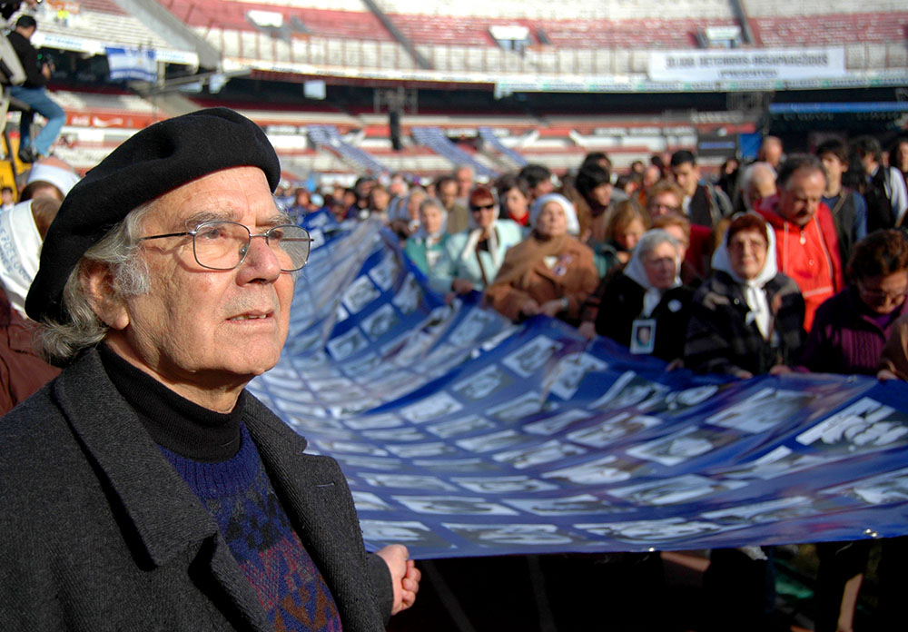 Adolfo Pérez Esquivel, a human rights activist and artist who won the Nobel Peace Prize in 1980, stands with Mothers of the Plaza de Mayo in Argentina in an undated photo. (Dreamstime/Elultimodeseo)