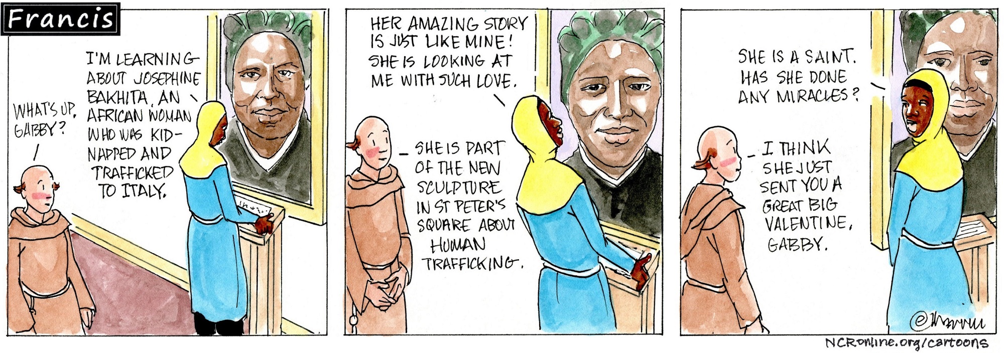 Francis, the comic strip: Gabby connects with St. Josephine Bakhita.