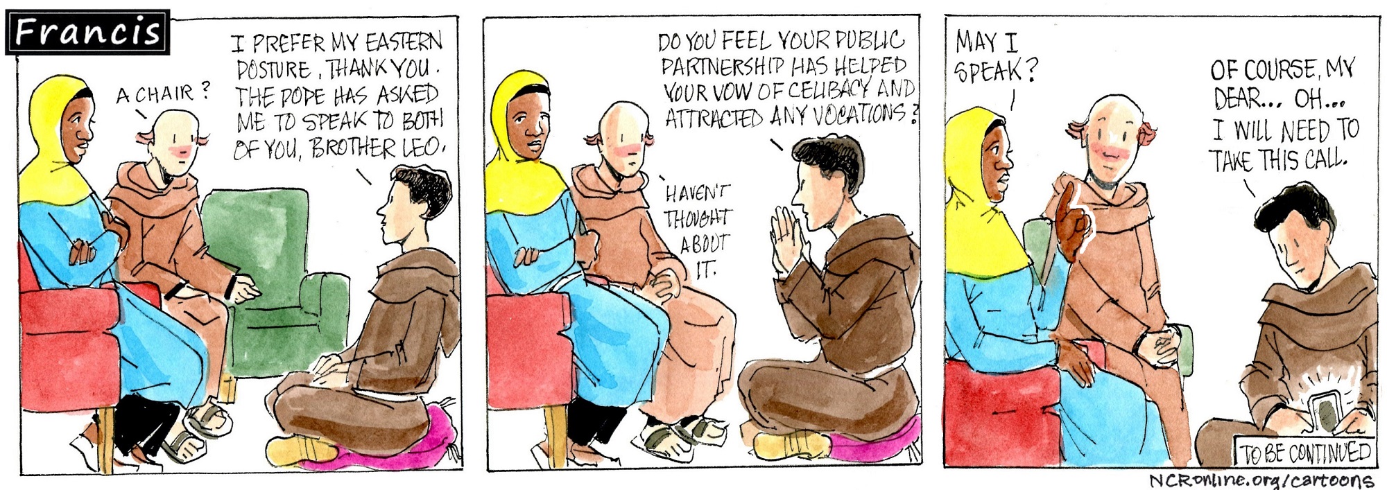 Francis, the comic strip: Brother Fabio has a heart-to-heart with Gabriella and Leo