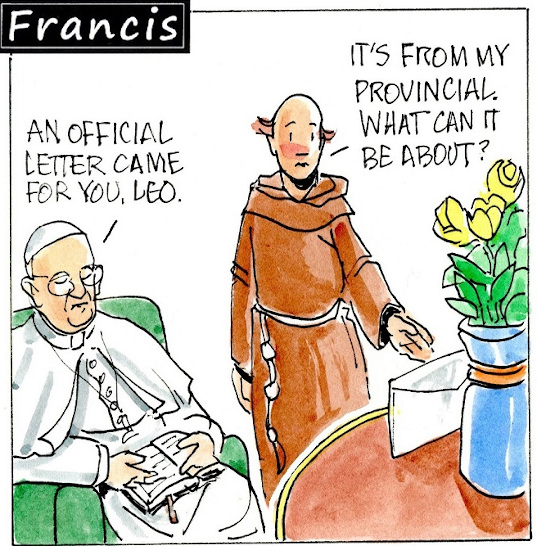 Francis, the comic strip: A letter for Brother Leo foretells a surprise to come.