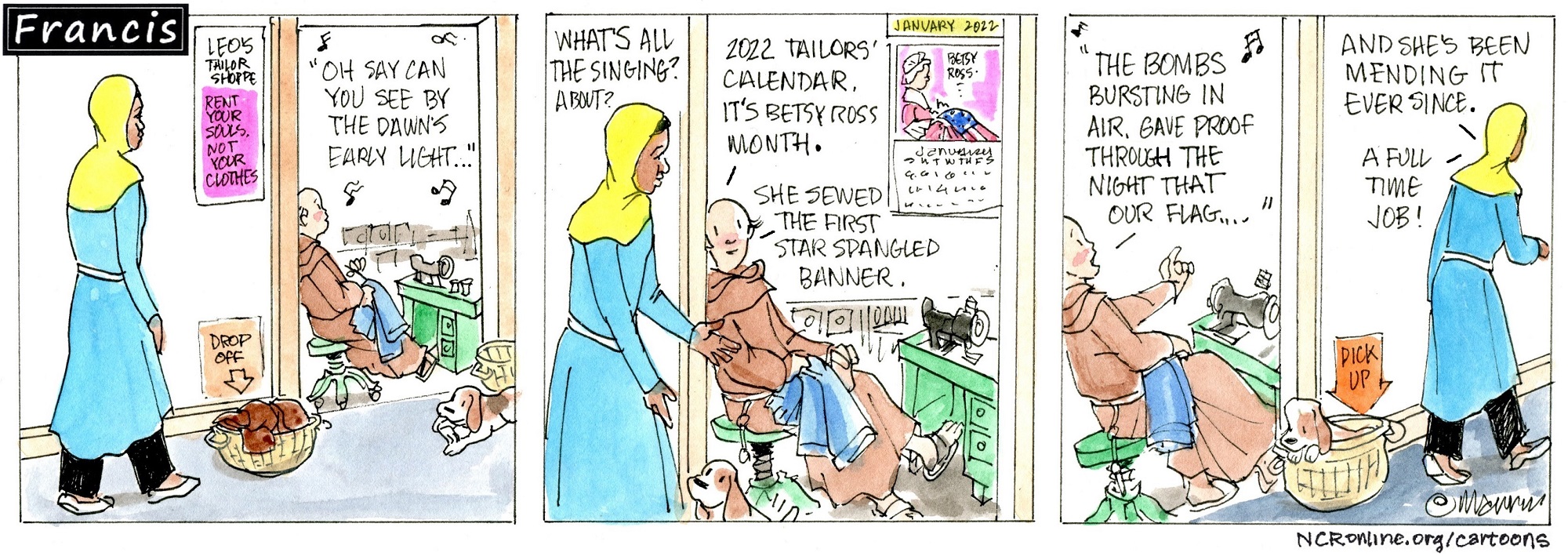 Francis, the comic strip: Brother Leo sings in honor of Betsy Ross.