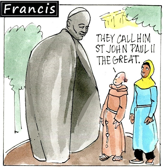 Francis, the comic strip: Brother Leo and Gabby visit the statue of St. John Paul II.