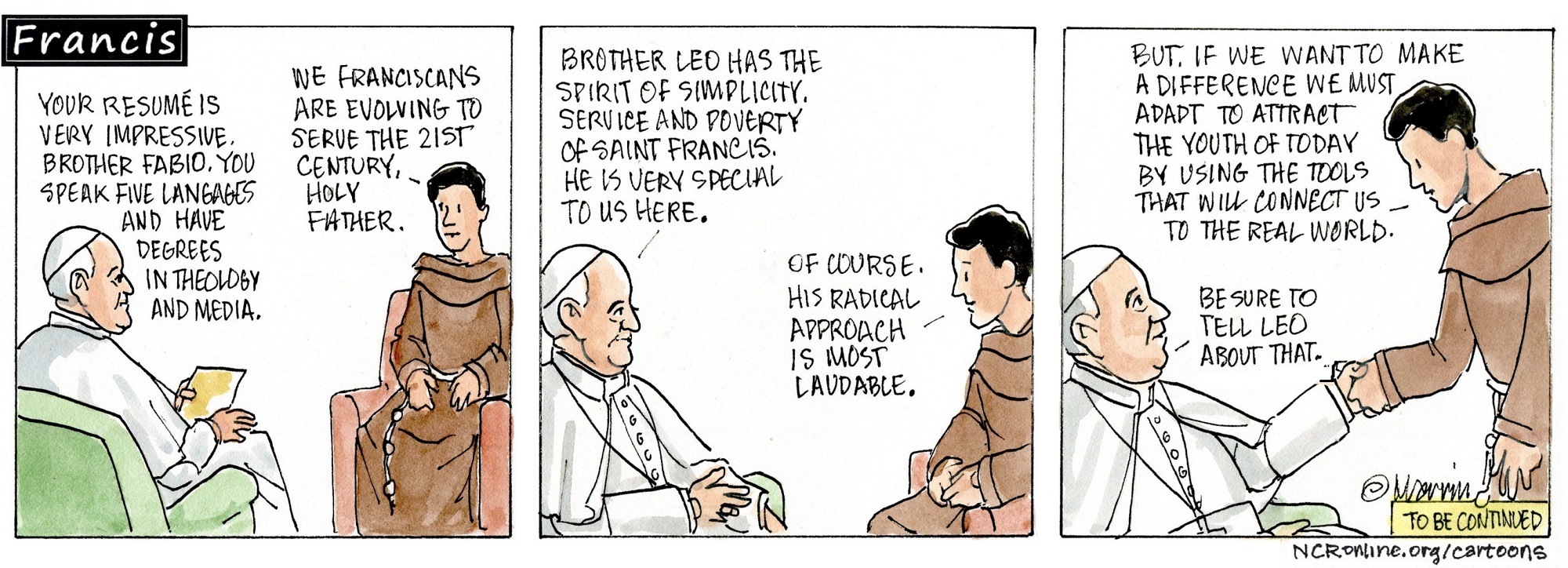 Francis, the comic strip: Francis sits down with Brother Fabio.