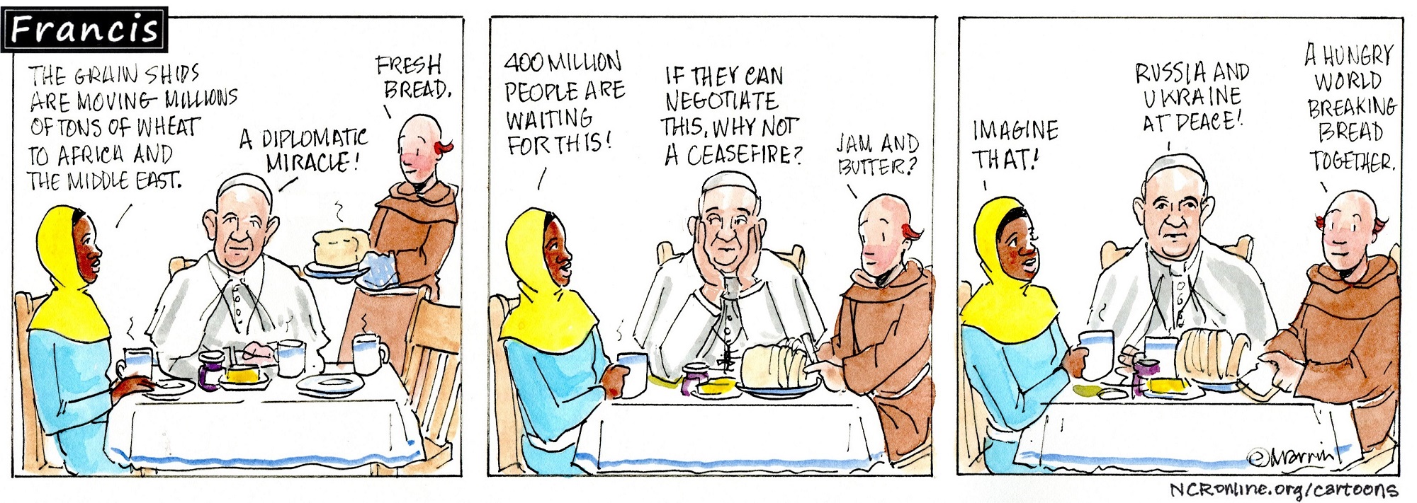 Francis, the comic strip: Grain ships are moving tons of wheat to Africa and the Middle East — a diplomatic miracle!